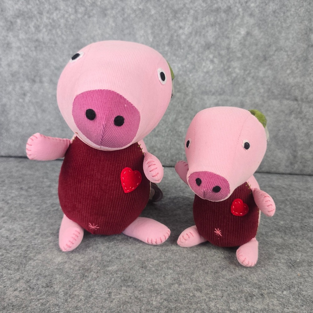 NWT Handmade Piglet Plush Set Large/Small Pink Burgundy Organic Corduroy Decor